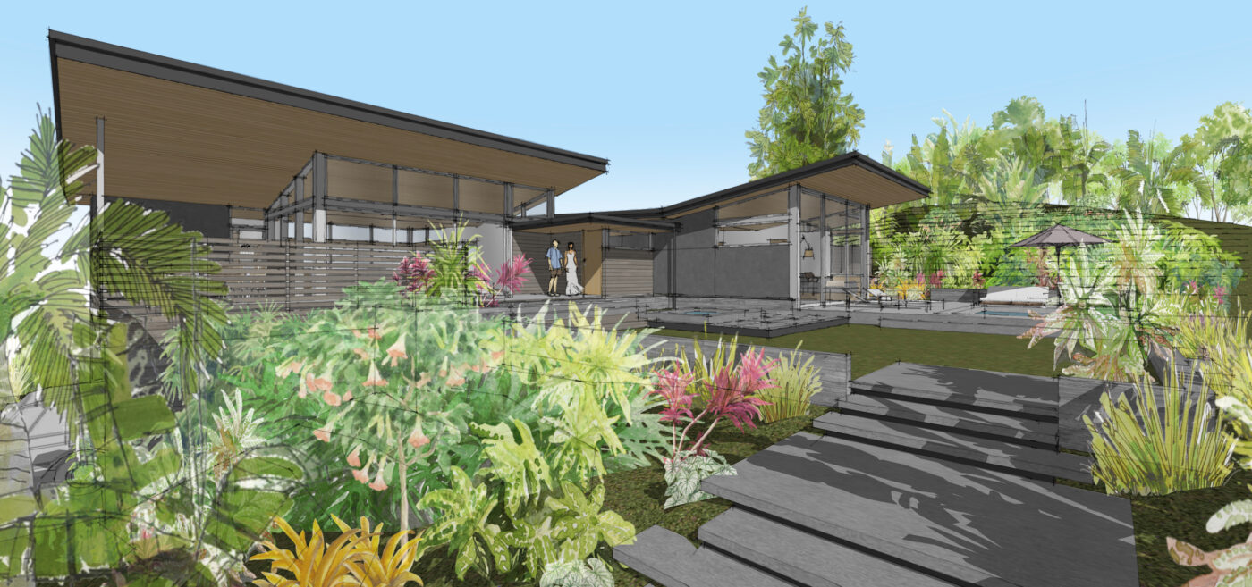 Exterior perspective of Olomana Sunrise Farm viewed through lush tropical plants including Angel’s Trumpet and island palms.