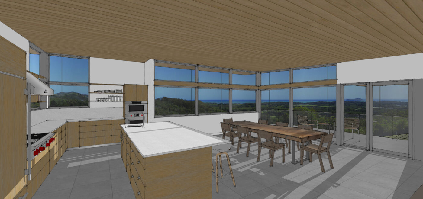 Interior view of a natural modern hawaiian home featuring a minimalist kitchen, Alaskan yellow cedar ceilings, and large windows overlooking Waimanalo Bay.