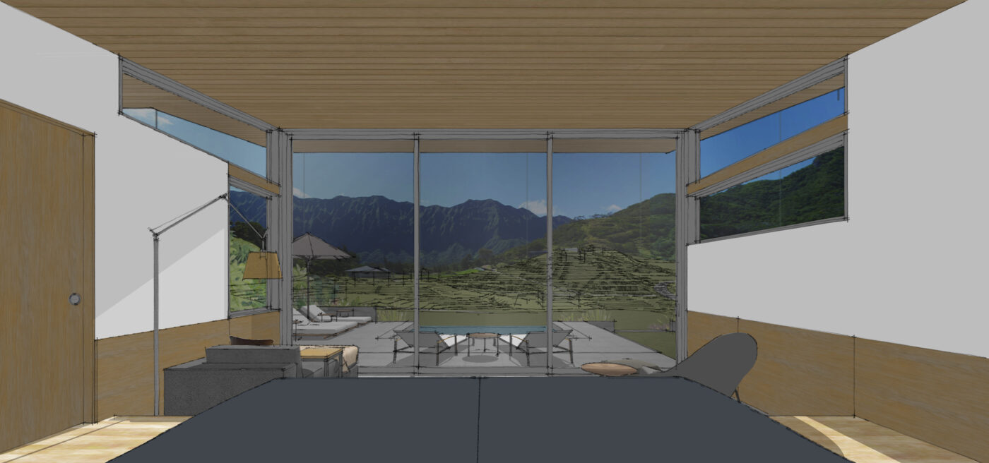 Primary bedroom in a natural modern hawaiian home with floor-to-ceiling glass doors looking out toward the pool and mountain landscape.