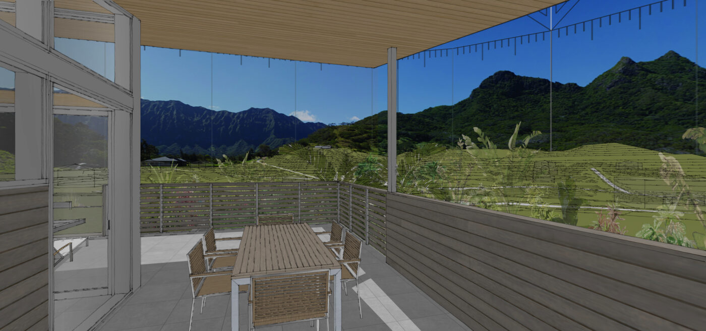 Covered outdoor dining lanai with tropical hardwood details framing views of the lush green hills and Olomana Ridge.