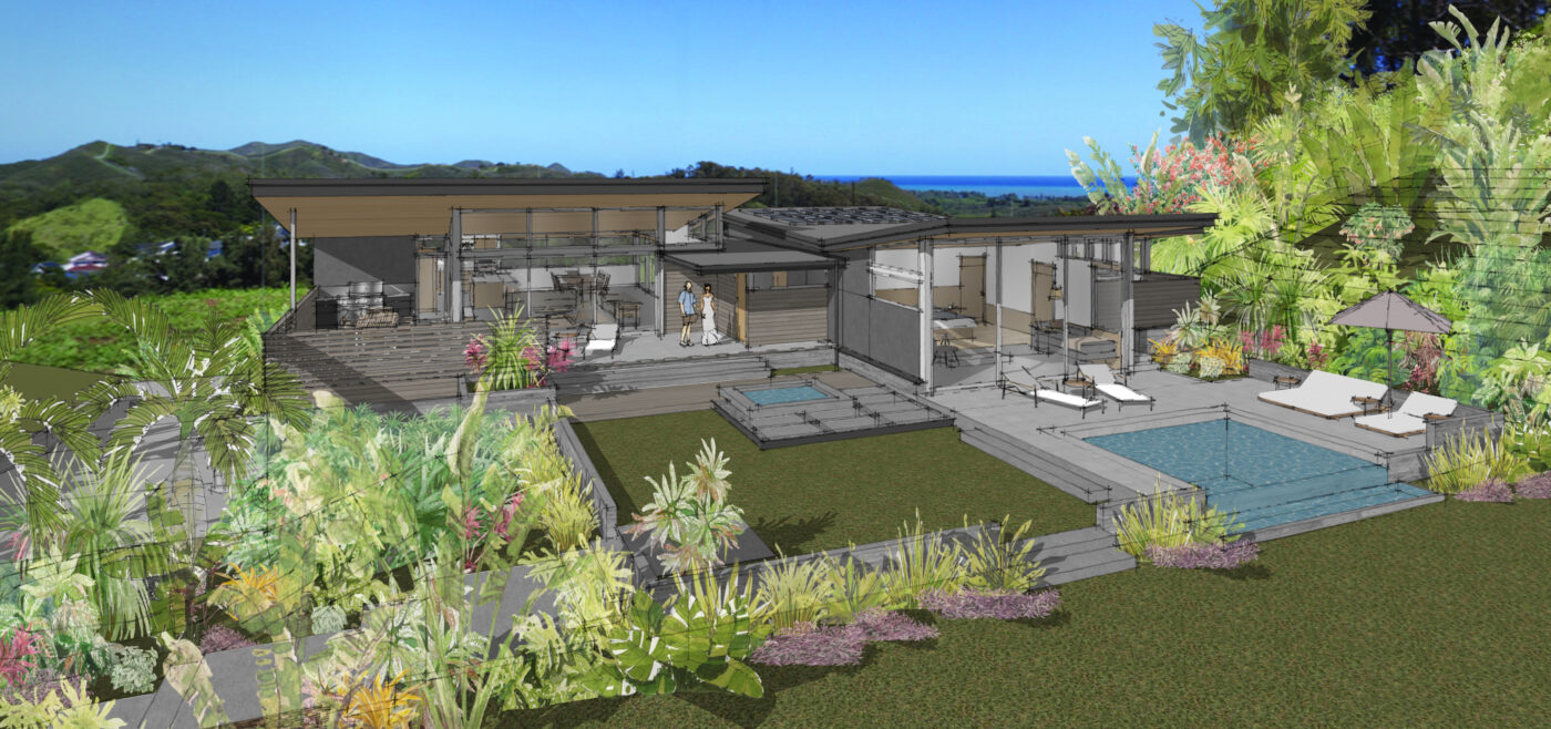 Aerial rendering of a custom residence in Olomana Heights showing the modern architecture, private pool, and expanding fruit orchard.