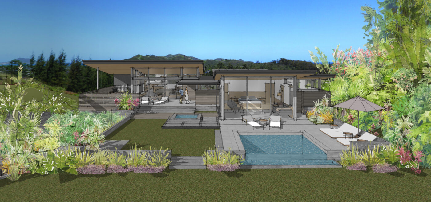 Contemporary Hawaiian farm dwelling with a swimming pool and architectural concrete finishes surrounded by a tropical landscape.